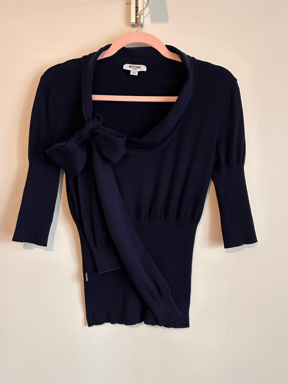 Moschino 100% Cotton Navy Knit Top with Self-Tie Side Bow, Size 12